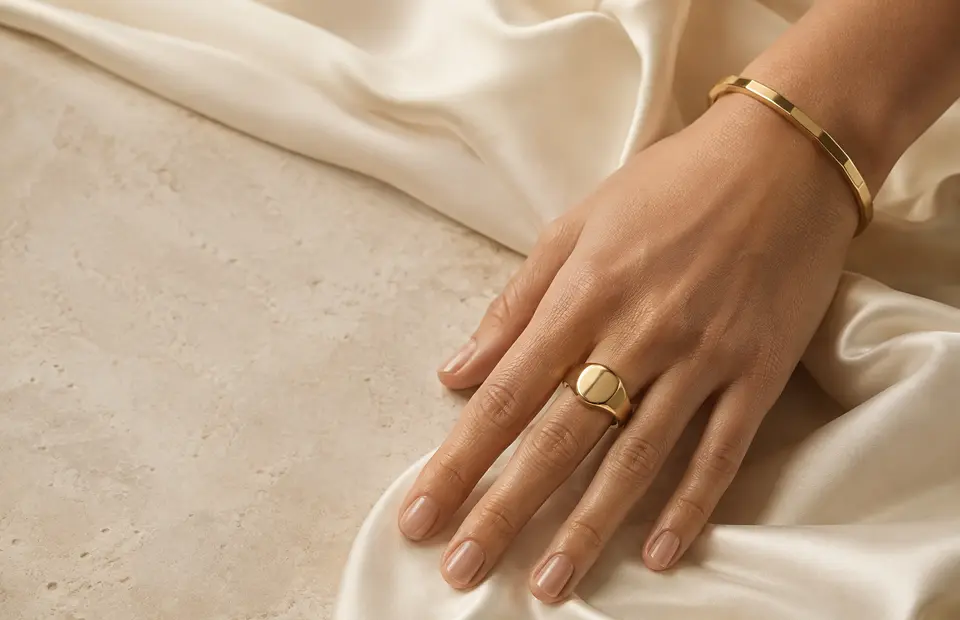 Maison Vela gold signet and architectural bracelet styled on ivory silk